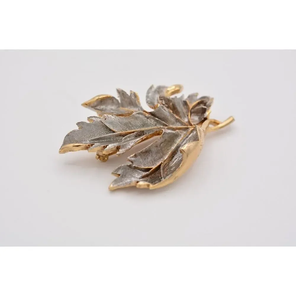 Vintage Leaf Pin Brooch Dark Silver Gold Textured Heavy Chunky 1980s BinAP